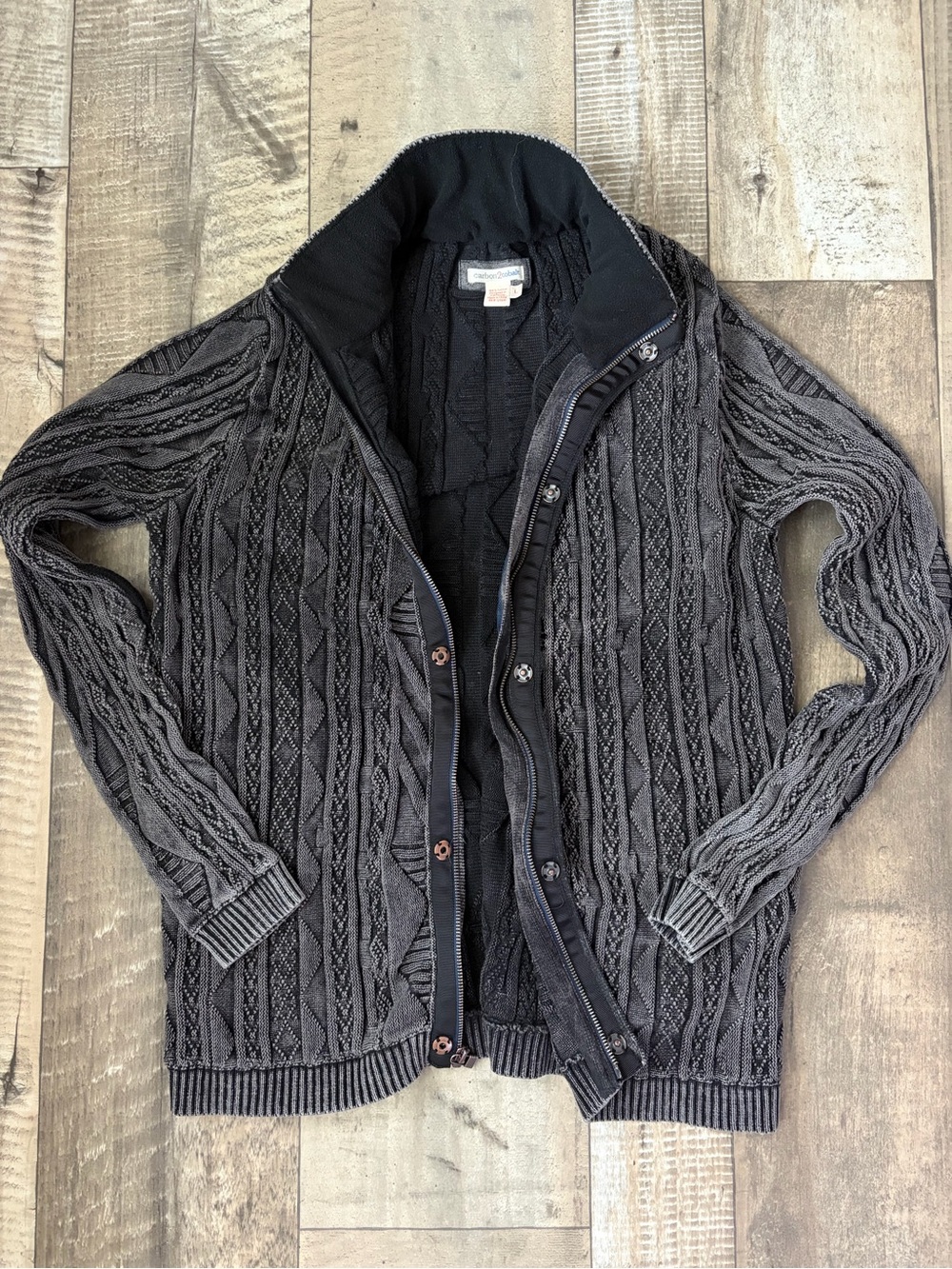 Men's Charcoal Cable-Knit Zip & Button Cardigan Sweater